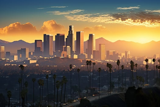 Los Angeles skyline at sunset, California, United States of America, Skyline of Los Angeles at sunrise, California, USA. 3D rendering, AI Generated photo