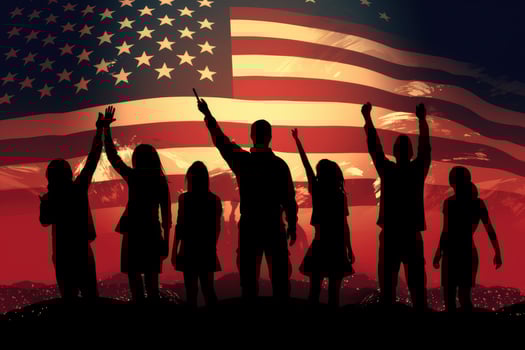 Silhouette of a group of children on the background of the American flag, Silhouette of Guys and girls waving American flags, AI Generated photo