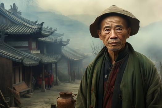 Cobblestone Chinese village person street. Generate Ai photo
