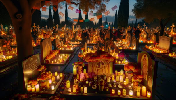 A cemetery scene where families gather around beautifully decorated graves, evoking a sense of reverence and remembrance. AI Generative. photo