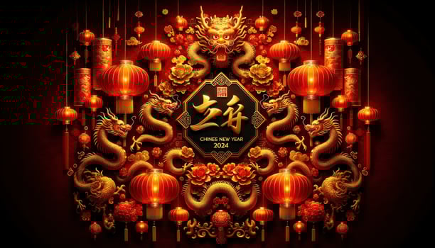 A radiant background with deep red and gold hues, ornate lanterns, traditional motifs, and the words Chinese New Year 2024 in elegant gold calligraphy. AI Generated photo