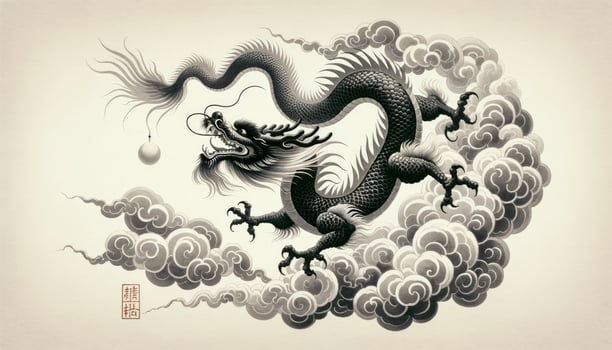 A dragon amidst a sea of clouds, playfully chasing the elusive pearl of wisdom, embodying the spirit of the New Year. AI Generated photo