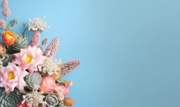 Vibrant bouquet of various flowers and succulents against a serene blue backdrop. AI Generative photo