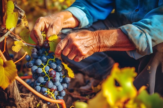 Close up of farmer male hands picking red grape. Organic fruits, harvesting and farming concept. Generated AI. photo