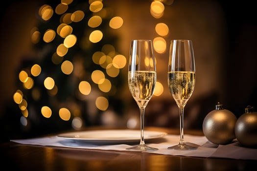 Champagne glasses on festive table with gold glowing bokeh background. Celebration background with sparkling wine. AI generated photo