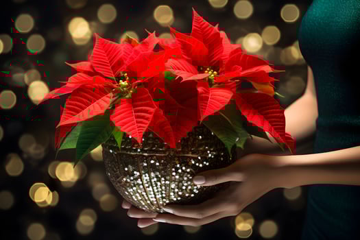 Christmas poinsettia flowers decoration in the hands of young woman on sparkling background. Festive banner composition. AI generated photo