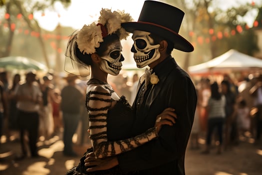 Beautiful closeup portrait of young couple in traditional Calavera Catrina outfit and makeup for the Day of the Dead, dancing at the national Mexican festival. photo