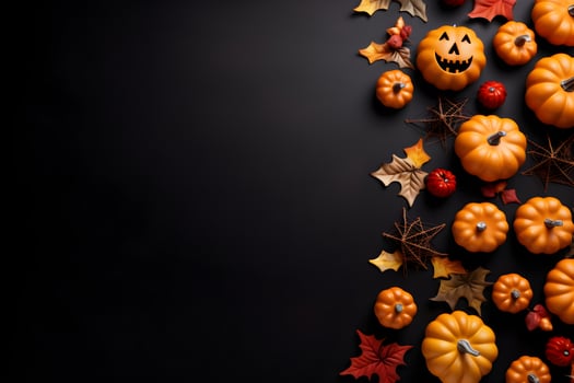 Happy halloween flat lay mockup with pumpkins, leaves and spider web on black background. Autumn holiday concept composition. Top view with copy space. Generated ai. photo