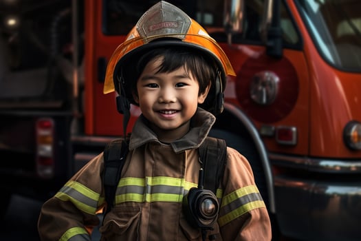 Portrait of cute little boy wearing firefighter uniform in the fire department AI generated photo
