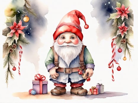 santa claus drawing cartoon style and christmas tree on white background, watercolor photo
