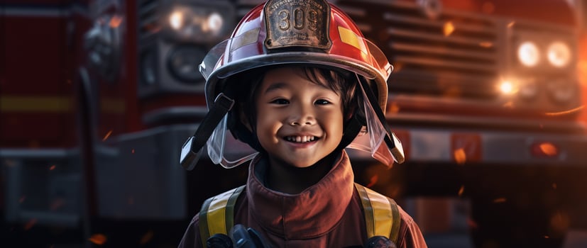 Portrait of happy asian boy wearing firefighter uniform with fire truck in background AI generated photo