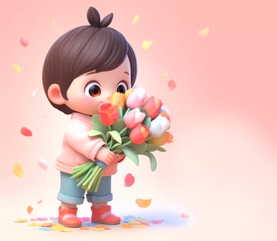 AI Generated Cute little boy holding a bouquet of flowers in Mothers Day. International Women's Day. photo