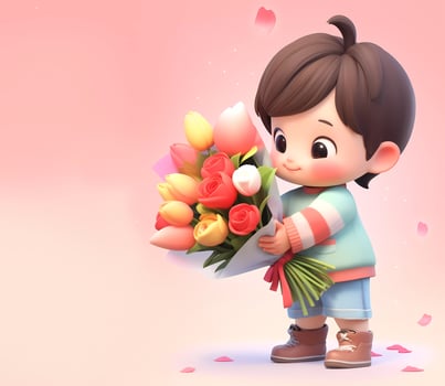 AI Generated Cute little boy holding a bouquet of flowers in Mothers Day. International Women's Day. photo