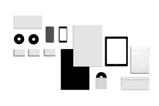 Blank Corporate ID. Set isolated on white. Consist of business cards, folder, tablet PC, envelopes, a4 letterheads, notebooks, flash, pencil, cd disk and smart phones. photo