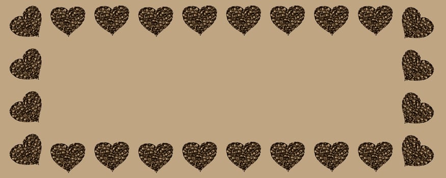 A pattern in form of frame of Hearts isolated on beige background. Coffee beans are poured in the shape of hearts. Photo with copy space.