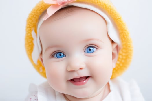 Portrait of cute little baby girl with big blue eyes on white background. Happy healthy childhood concept. photo