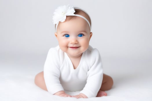 Portrait of cute little baby girl with big blue eyes on white background. Happy healthy childhood concept. photo