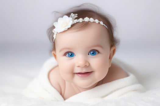 Portrait of cute little baby girl with big blue eyes on white background. Happy healthy childhood concept. photo
