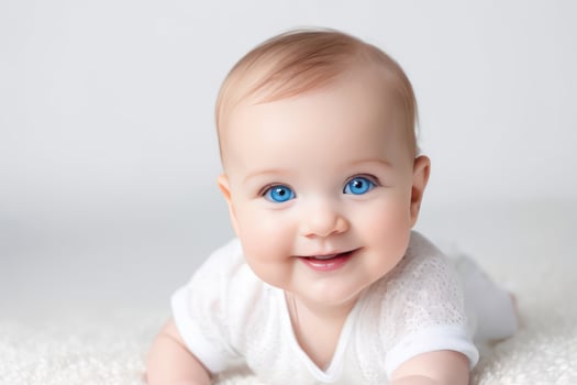Portrait of cute little baby girl with big blue eyes on white background. Happy healthy childhood concept. photo