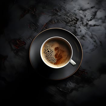 Top view of cup of coffee dark theme minimalism. High quality. AI Generative photo