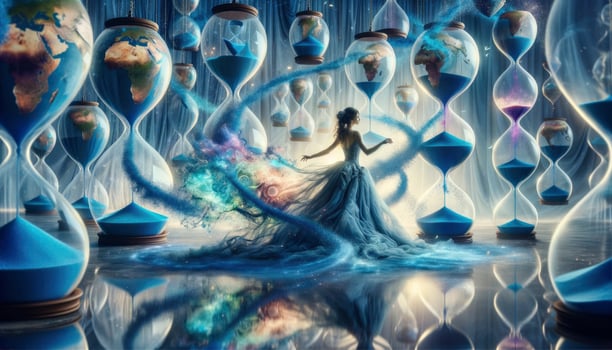 A dreamlike environment depicting a woman dancing amidst a whirlwind of blue hourglasses, releasing vibrant world maps that blend into the air. AI Generative photo
