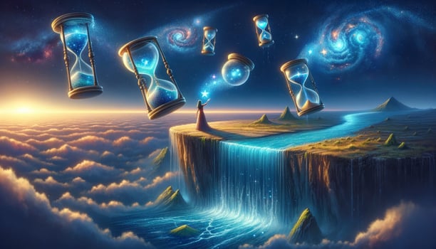 A woman stands on a floating island, reaching for stars that transform into glowing hourglasses with galaxies inside. Below, a waterfall of world maps cascades into a luminous ocean. AI Generative photo
