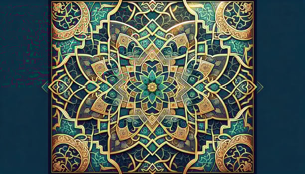 An ornate Islamic geometric pattern in shades of teal and gold, intertwined with arabesque motifs and calligraphy elements. AI Generative photo