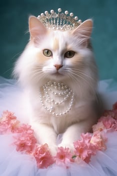 Turkish Van cat wearing sparkling tiara and star studded collar for New Year isolated on a white background photo