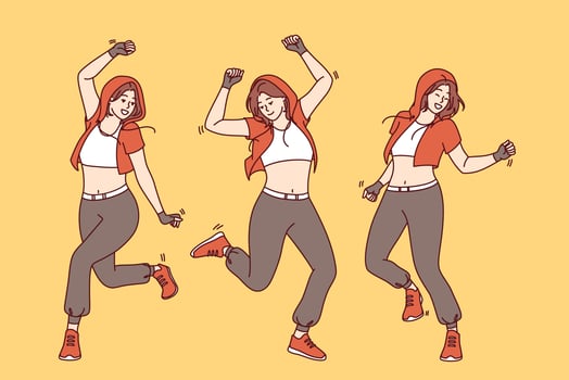 Girl dances hip-hop dance or breakdance and stands in different positions, enjoying active rest photo