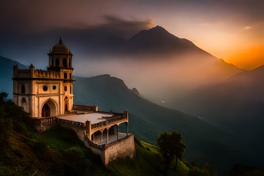a church on top of a mountain with a beautiful sunset. AI-Generated photo