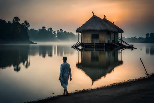 a man walking towards a hut on the shore of a lake. AI-Generated photo