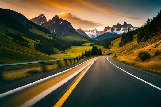 a road in the mountains with mountains in the background. AI-Generated photo