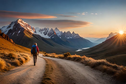 a man walks along a dirt road in the mountains. AI-Generated photo