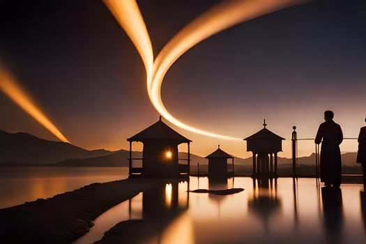 the sun is setting over a lake with people standing on the shore. AI-Generated photo