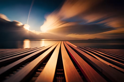 a long exposure photo of a dock with clouds in the background. AI-Generated
