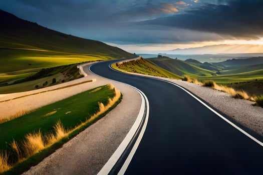 a winding road in the middle of a green valley. AI-Generated photo