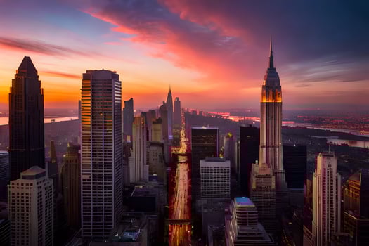 the city skyline at sunset in new york. AI-Generated photo