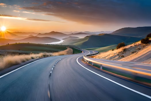 a road with the sun setting over mountains. AI-Generated photo