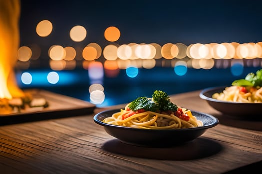 two bowls of pasta sit on a table in front of a fire. AI-Generated photo