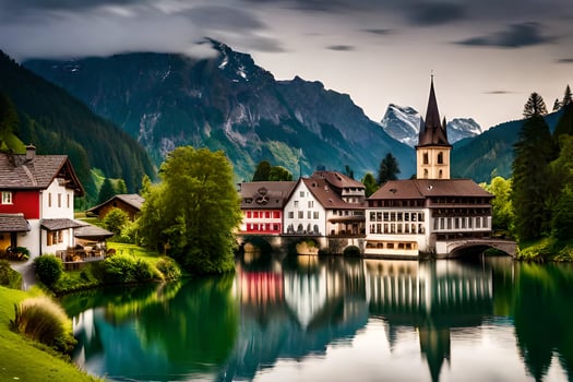 a river and a mountain village in the alps. AI-Generated photo