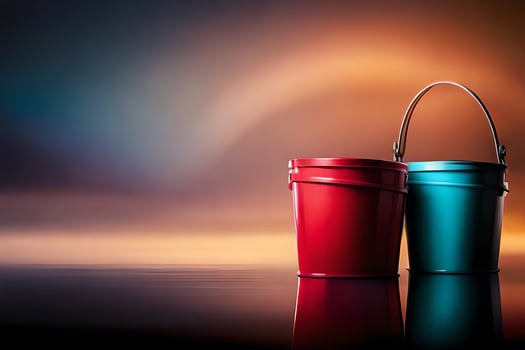 two buckets of paint on a dark background. AI-Generated photo