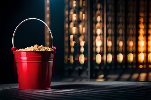 a red bucket filled with popcorn on a table. AI-Generated photo