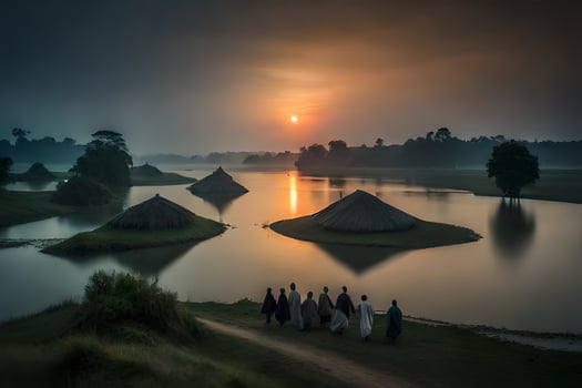 people walking along a river at sunrise. AI-Generated photo