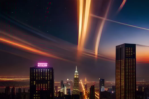 the city skyline at night with streaks of light. AI-Generated photo