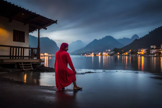 a woman in a red dress standing on the shore of a lake. AI-Generated photo