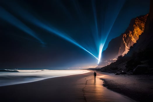 a man walking on the beach at night with a beam of light coming from the sky. AI-Generated photo