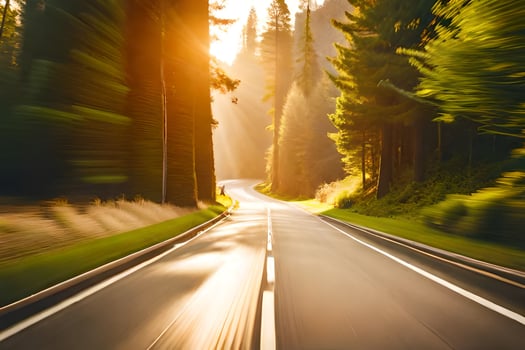 a road in the forest with trees and sun. AI-Generated photo