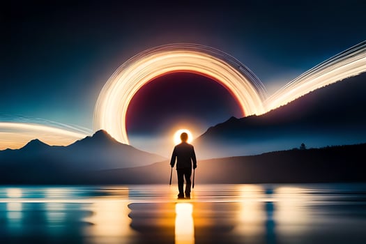 a man standing in front of a ring of light. AI-Generated photo