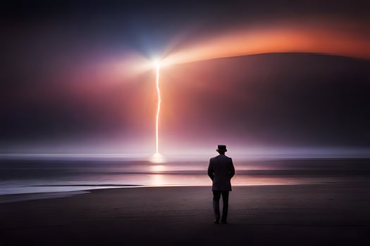 a man standing on the beach looking at a lightning bolt. AI-Generated photo