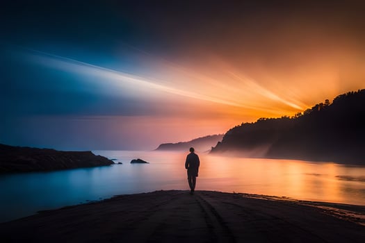 a man standing on the beach at sunset. AI-Generated photo